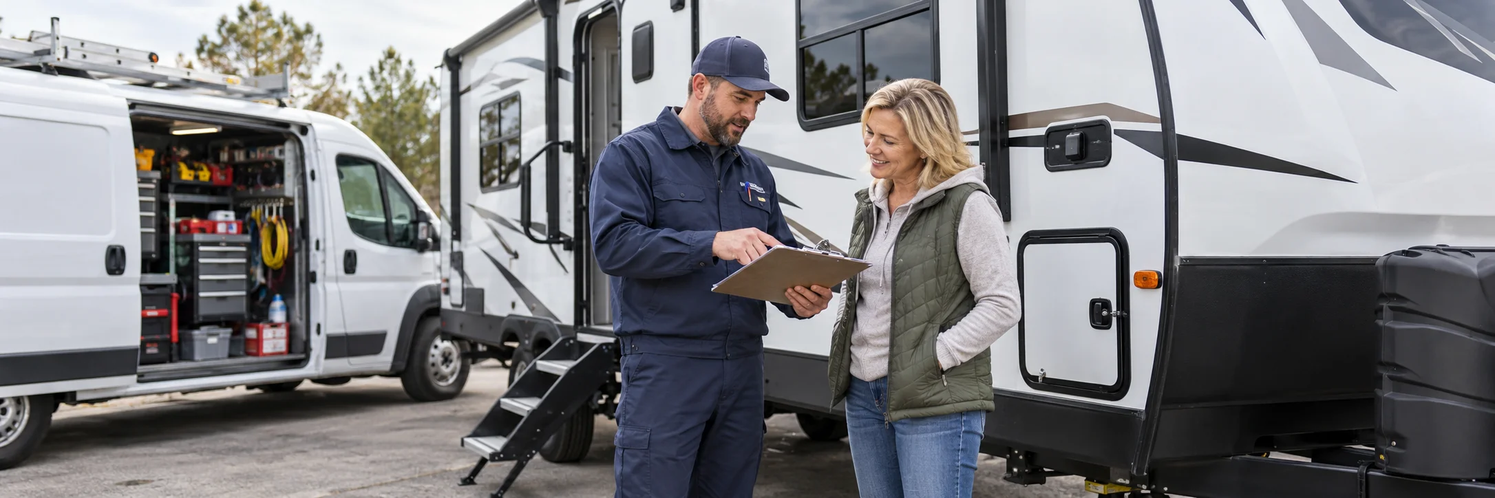 An RV owner discussing a service estimate with a mobile technician beside a travel trailer.
