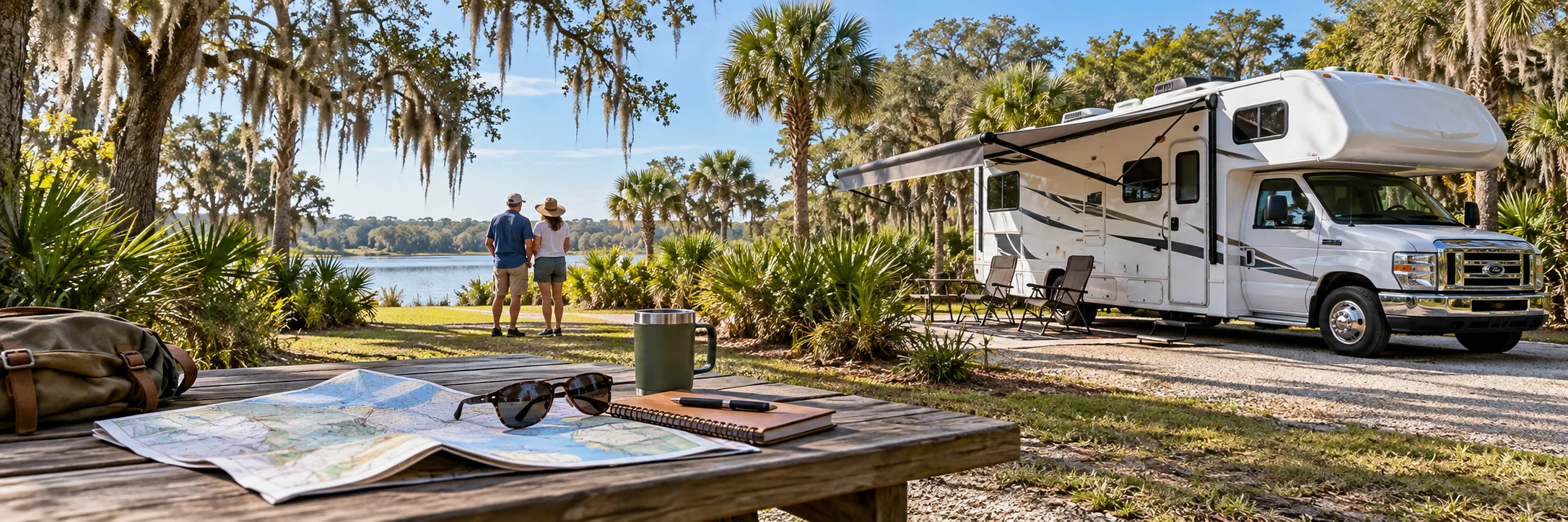 A motorhome among Florida palms and live oaks, with a trip map and notebook on a picnic table; an illustrative campground.