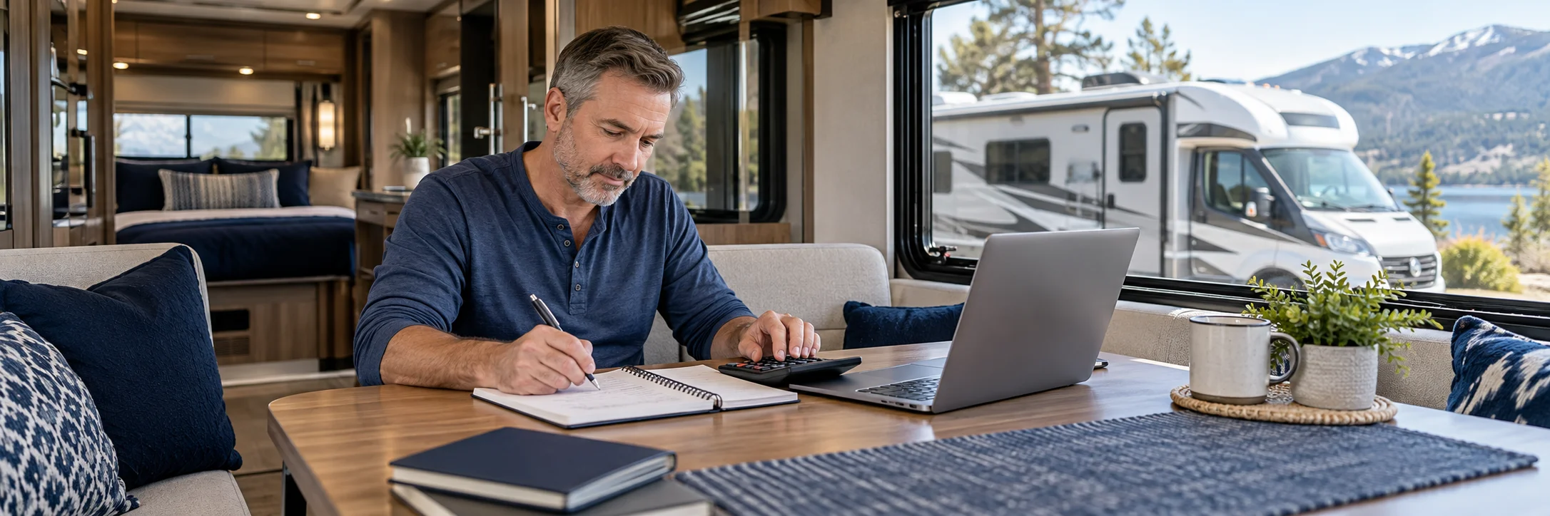 An RV owner comparing rental expenses with a notebook, calculator, and laptop inside a motorhome.