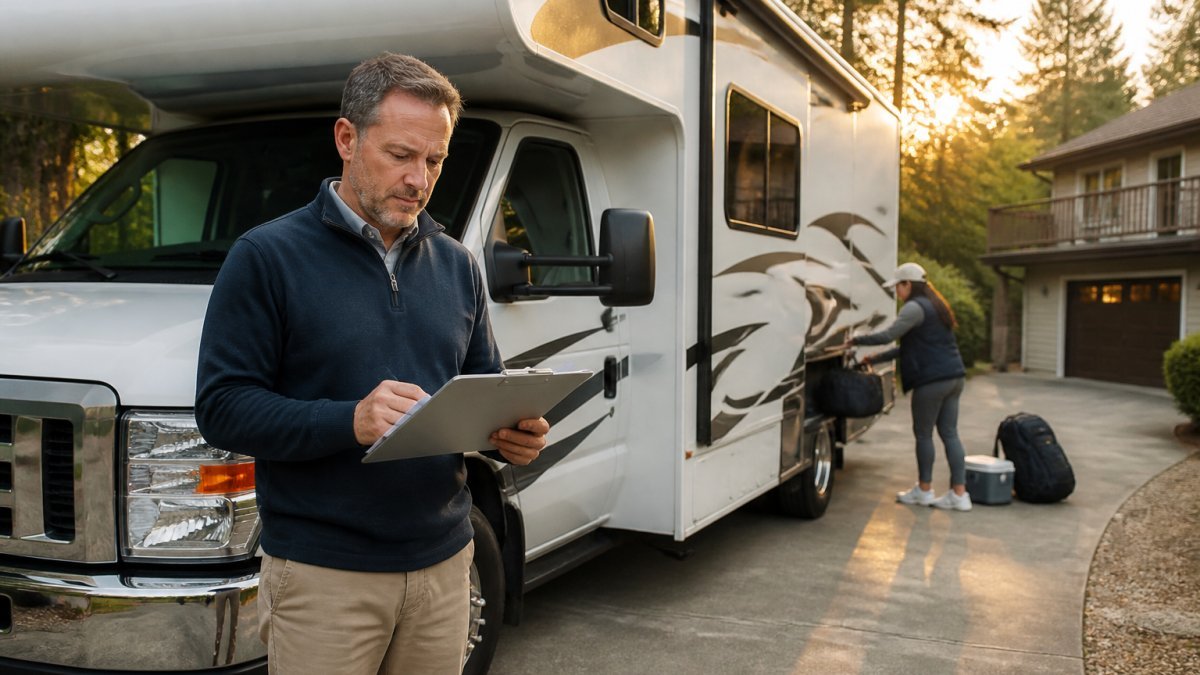 RV owner checking a maintenance list on a tablet beside a Class C motorhome for an RV rental.